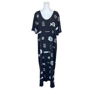 M.Mac Vermont Country Store Black Fish Dress Size 1X Short Sleeve Long Cotton
